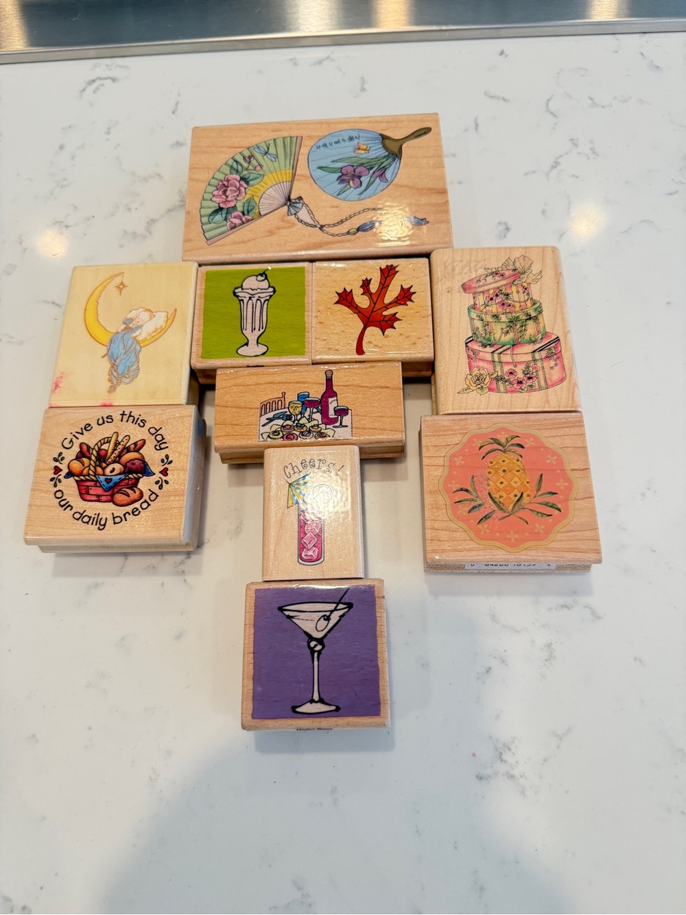 Vintage Wood Mounted Rubber Stamp Lot of 10 Food Drink Floral Craft Stamps